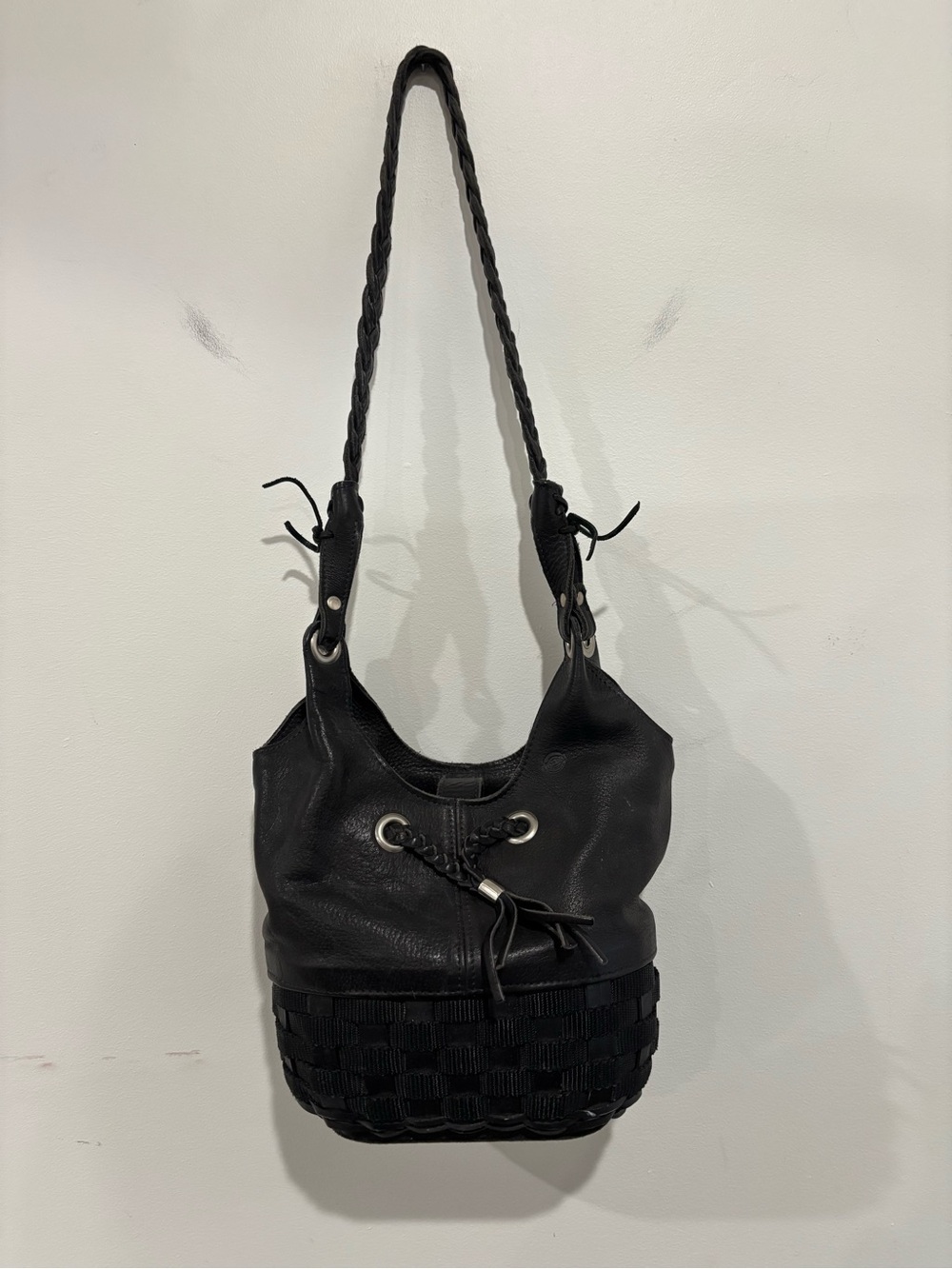 Longaberger Black leather Shoulder Hobo Bag with Braided Strap